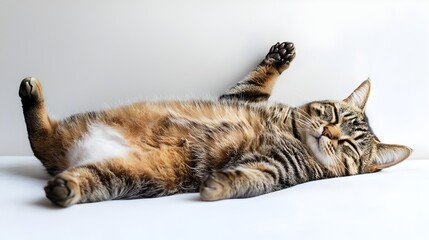 Obraz premium Relaxed Plump Feline Lounging on White Background with Exposed Belly