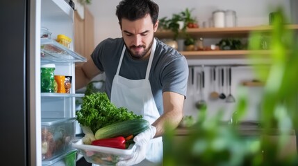 Man Deep Cleaning a Refrigerator with Fresh Produce