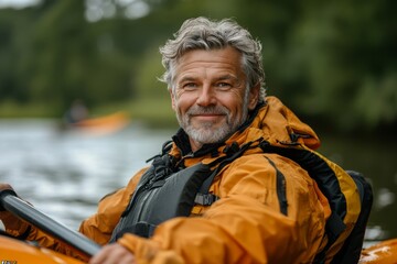 Mature man with enjoying kayaking in a lake, Generative AI
