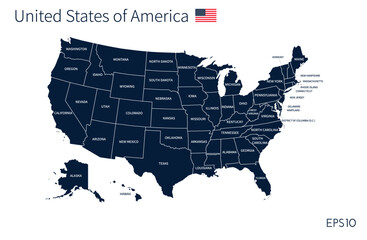 US map. American infographics template, with separated states and state names. Vector illustration.