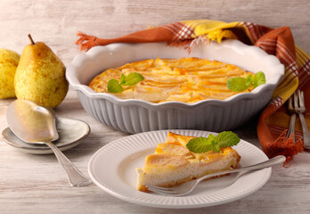 Pear and cheese tart, sliced