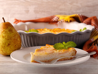 Pear and cheese tart, sliced