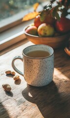 A mug of tea on a wooden table with peanuts.