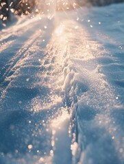 Freshly fallen snow sparkles in the morning sun, creating a serene and peaceful winter atmosphere with subtle textures visible. Generative AI
