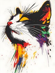 Naklejka premium A vibrant illustration of a cat with colorful splashes, showcasing an artistic representation of its calm expression and intricate features.