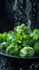 Fresh Green Brussels Sprouts Being Washed with Water Splashes