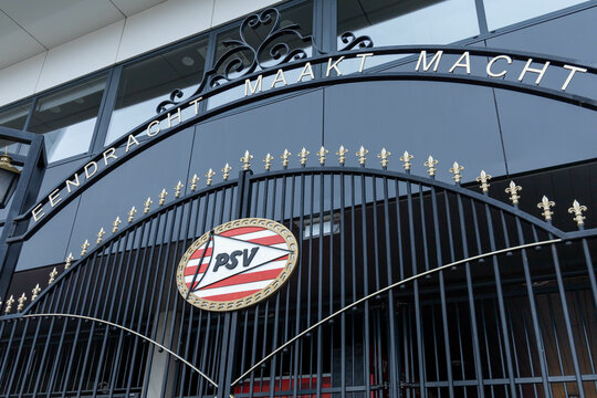 PSV logo at the metal gate fence of the Philips stadium. In Eindhoven. Eindhoven, the Netherlands. 7 January 2024. 