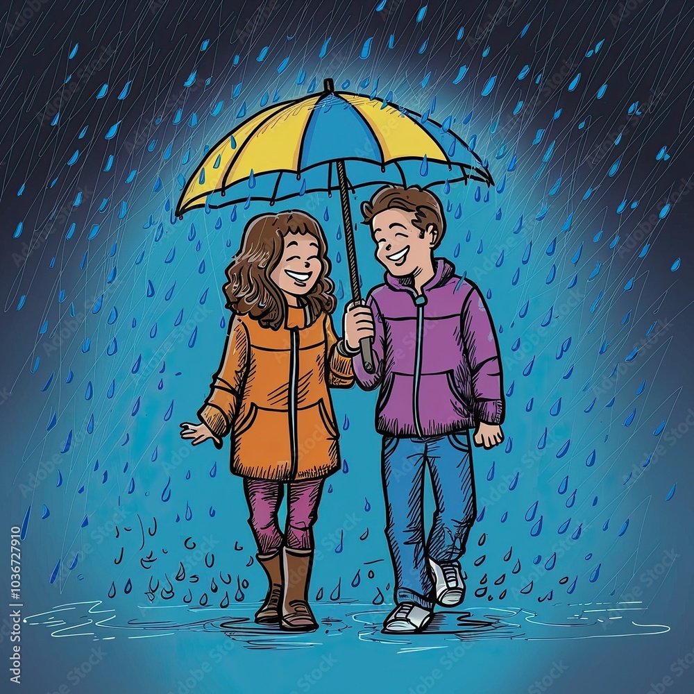 Poster couple under umbrella in rain