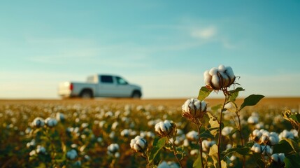 Fototapeta premium Blooming Cotton Flowers in Field with Truck