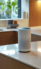 White smart speaker on a kitchen counter.