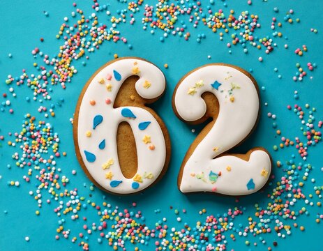 Decorated cookie, number 62, image for birthday or anniversary celebration