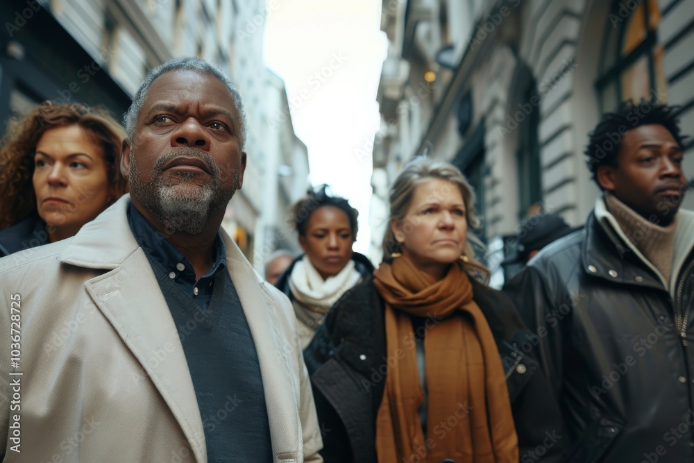 Wall mural group of diverse people walking in the street. men and women in the city.