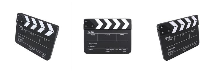 Fototapeta premium Black Film Clapper, Filmmaker's Clapboard, Hollywood Film Clapperboard 3D Illustration Isolated
