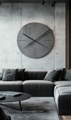 Modern living room with gray sofa and clock.