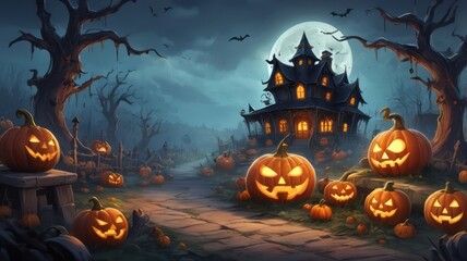 A spooky haunted house with glowing jack-o-lanterns sits on a path leading up to it. The house is dark and mysterious, with a full moon shining down on it. The scene is set in a forest, 