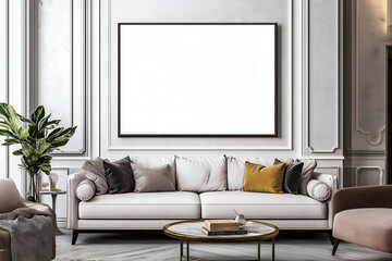 A blank framed artwork or poster, blank for design mockups, hanging on the wall of a living room, with a stylish interior, Grey white wall background, Empty picture frame mockup, Rendering template