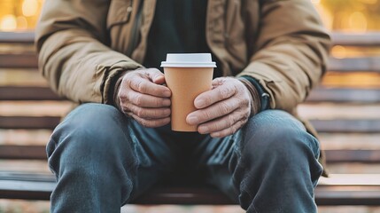 Middle-aged man with slight tremor holding cup of coffee on park bench, symbolizing struggle with Parkinson's disease, calm natural setting.