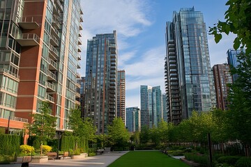 Obraz premium Modern Skyscrapers with a Lush Green Garden in the Foreground