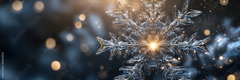 Poster Delicate snowflake patterns shine brightly against a blurred winter backdrop, creating a mesmerizing display of symmetry and light. Generative AI