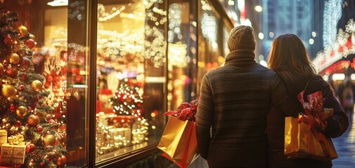 Couple shopping together during the festive holiday season, illuminated storefronts.