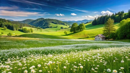 Obraz premium Spring Meadow Bliss: Architectural Photography of a Serene Landscape with White Wildflowers, Lush Greenery, and Gentle Hills, Perfect for Nature Lovers and Outdoor Enthusiasts