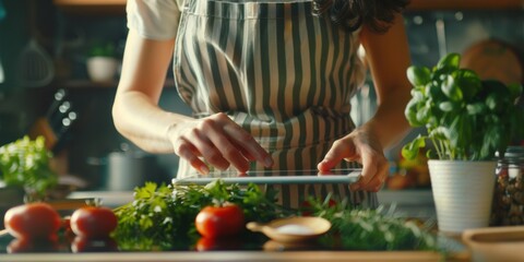 Female using a tablet in the kitchen for online cooking or baking recipes while checking instructions on the touchscreen indoors