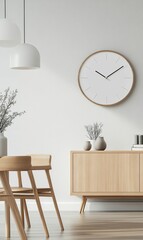 Minimalist living room with wooden furniture.