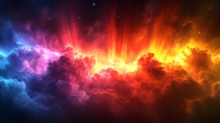 Fototapeta premium A stunning cosmic landscape showcasing vibrant clouds in hues of purple, pink, and orange, illuminated by radiant light emanating from the horizon.