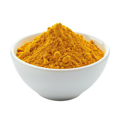 Turmeric powder in a transparent bowl on a clean transparent background ready for culinary and health uses, Turmeric powder in transparent bowl isolated on transparent background - obrazy, fototapety, plakaty