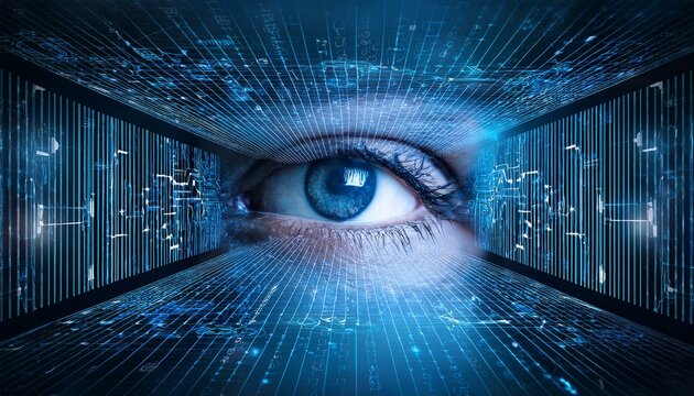 Nahaufnahme Auge Mensch Roboter K&uuml;nstliche Intelligenz Hologramm