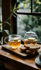 Tea, toast, and butter on wooden tray.