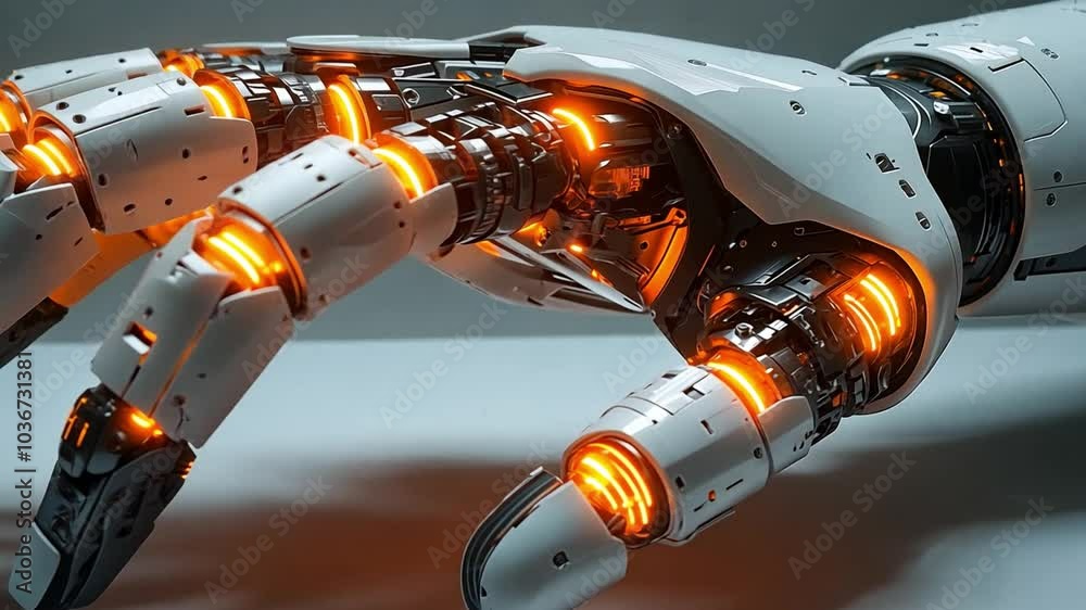 Poster this detailed robotic hand showcases advanced technology with glowing elements and sleek design. pro