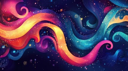 A vibrant fairytale-inspired background with swirling, mystical patterns in bold, bright colors, creating a magical and enchanting visual effect
