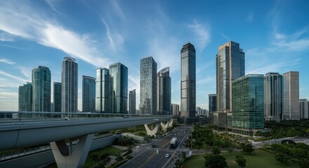 Modern Skyscrapers and a Pedestrian Bridge in a City