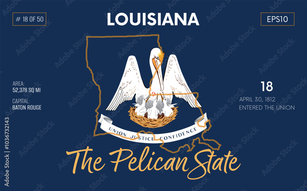 Wall mural vector poster background of the us state of louisiana, with name, map borders, state flag design, ni