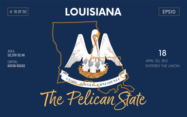 Vector poster background of the US state of Louisiana, with name, map borders, state flag design, nickname, order number and date of admission to the Union, capital, area. Illustration 18 of 50. 