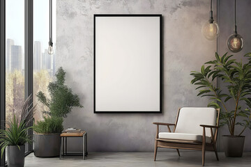 A blank framed artwork or poster, blank for design mockups, hanging on the wall of a living room, with a stylish interior, Beige white wall background, Empty picture frame mockup, Rendering template
