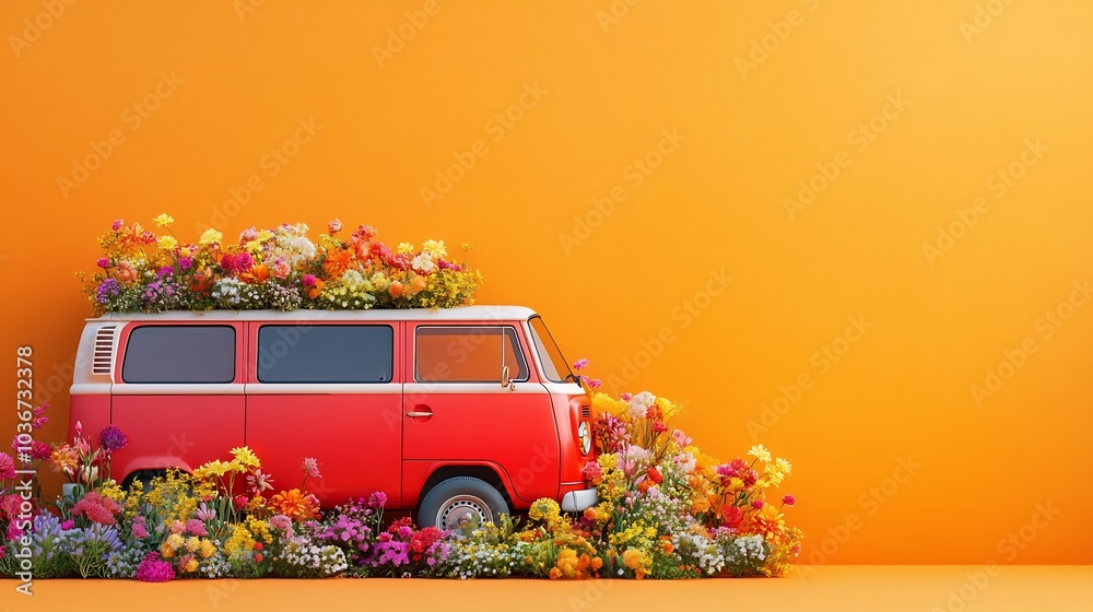 Poster vibrant red van overflowing with an array of colorful spring flowers set against a bright orange bac