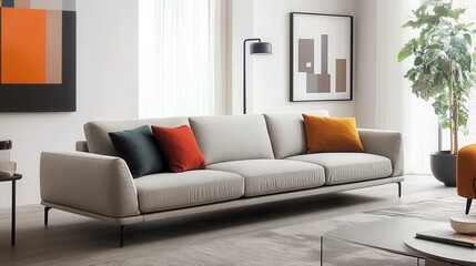 A modern minimalist sofa with clean lines, positioned in a bright, airy living room