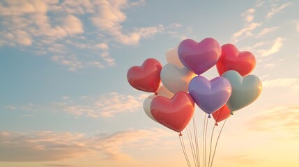 Fototapeta premium Valentine's Day heart-shaped balloon bouquet: 3D-rendered colorful bouquet of heart-shaped balloons floating in the air with a soft sky in the background