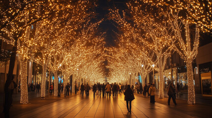 Obraz premium Thousands of golden lights from the Sendai Pageant of Starlight envelop the big trees, the streets are filled with people walking leisurely, Ai generated images