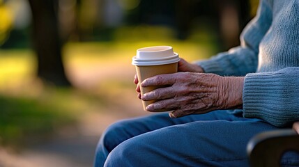 Middle-aged man with slight tremor holding cup of coffee on park bench, symbolizing struggle with Parkinson's disease, calm natural setting.