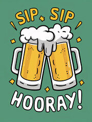 Cartoon beer mugs clinking with foam, featuring a celebratory "Sip Sip Hooray" message.