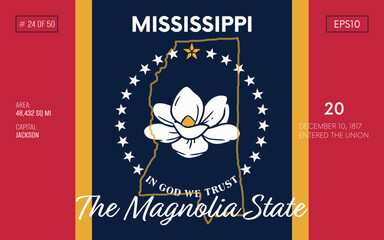 Vector poster background of the US state of Mississippi, with name, map borders, state flag design, nickname, order number and date of admission to the Union, capital, area. Illustration 24 of 50. 