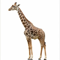 Fototapeta premium Majestic giraffe standing tall, showcasing its distinctive long neck and patterned coat against a clean white backdrop