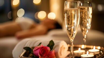 Couple enjoys a luxurious spa experience with champagne and massages, focusing on relaxation, wellness, and pampering for the body and mind