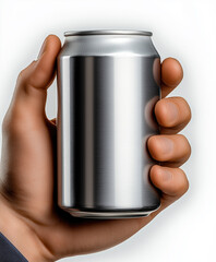 A hand holding a silver can of soda