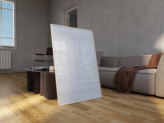 White frame mockup standing against glass coffee table in a neutral living room. Blank poster with light reflection. 3D render