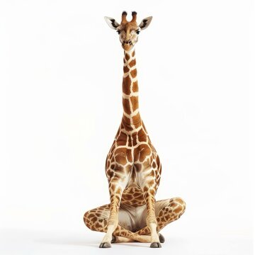 This giraffe is sitting down on a white background with its legs crossed
