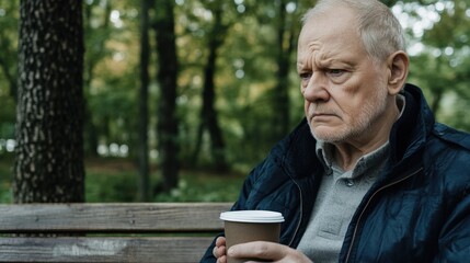 Obraz premium Middle-aged man with slight tremor holding cup of coffee on park bench, symbolizing struggle with Parkinson's disease, calm natural setting.